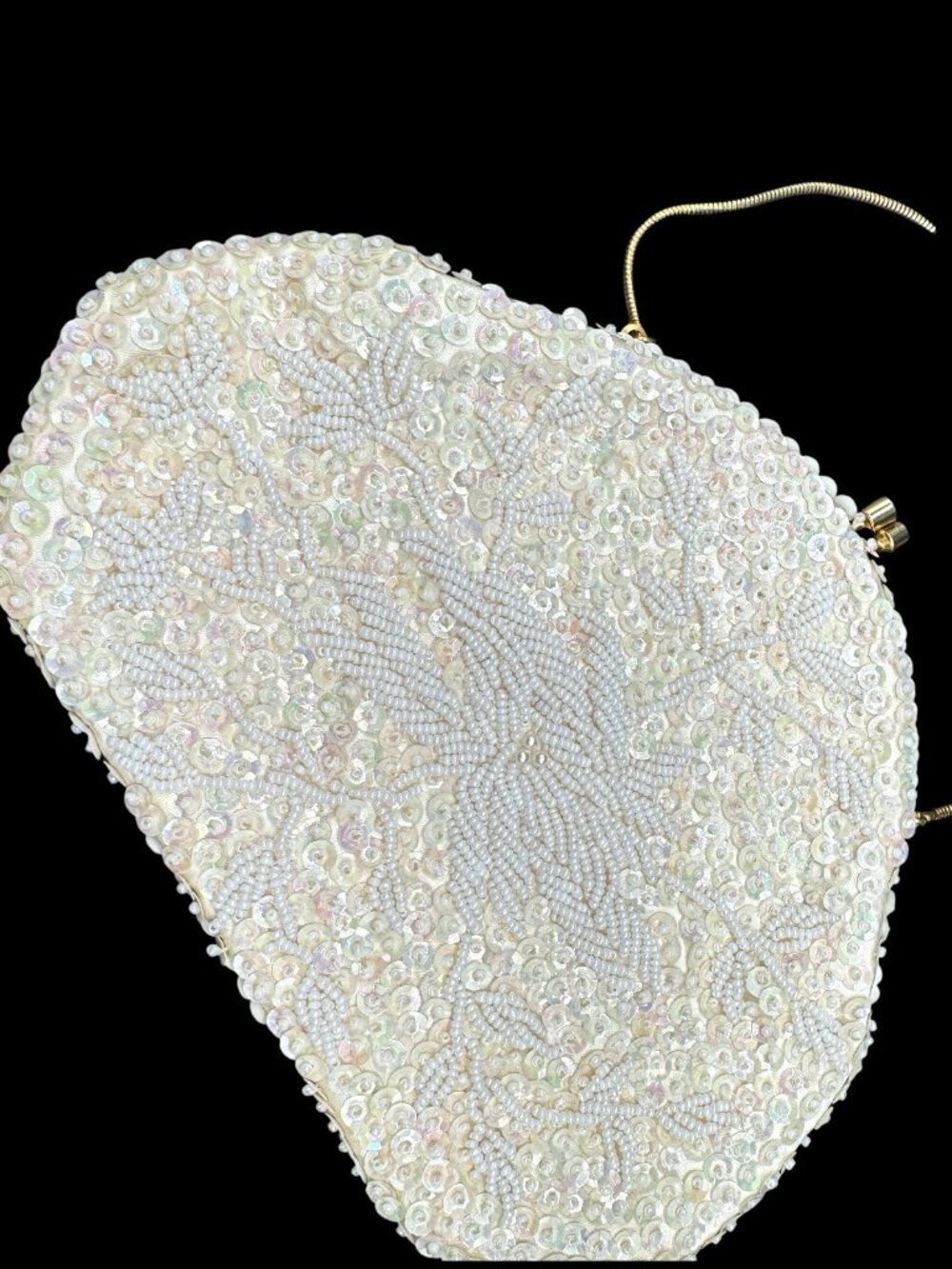 Vintage Beaded Evening Bag Purse Clutch White Sequin Gold Tone Kiss Lock